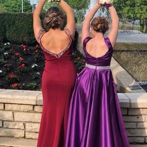 Long purple prom dress with added sparkly belt.